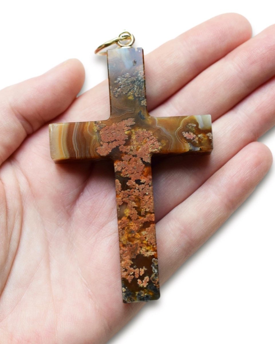 Victorian Gold Mounted Specimen Agate Cross Pendant.-photo-4