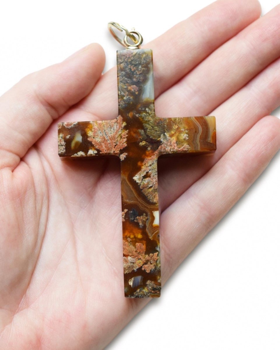 Victorian Gold Mounted Specimen Agate Cross Pendant.-photo-5