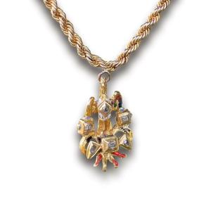 Renaissance Revival Gold, Enamel And Diamond Pheonix Pendant.  