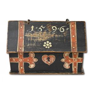 Miniature Painted Beech Casket Dated 1596. German, Late 16th Century.