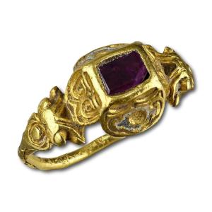 Renaissance Gold And Enamel Ring Set With A Ruby. Western Europe, 16th Century.