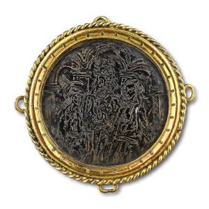 Niello Hat Badge With The Marriage Of The Virgin. Italian, Circa 1500.
