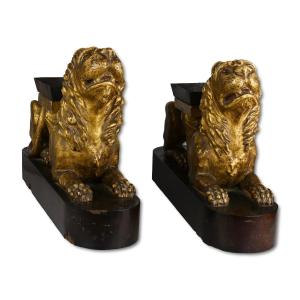 Pair Of Gilt-wood Lions. Spanish, Early 19th Century.