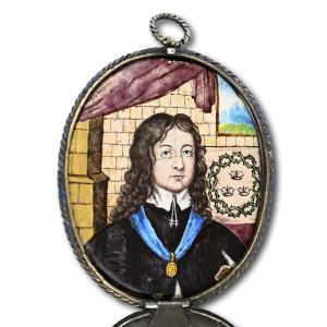 Carolean Period Enamel Portrait Miniature Of A Royalist. English, 17th Century.