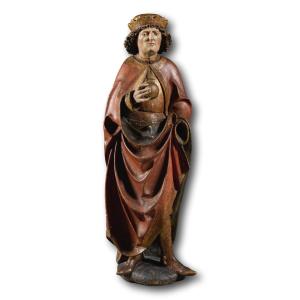 Polychromed Sculpture Of A Saintly King. Austrian, Tyrol, Late 15th Century.