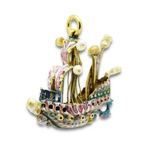 Pendant Set With Gold, Enamel And Pearls In The Shape Of A Ship. Spanish, Around 1700.
