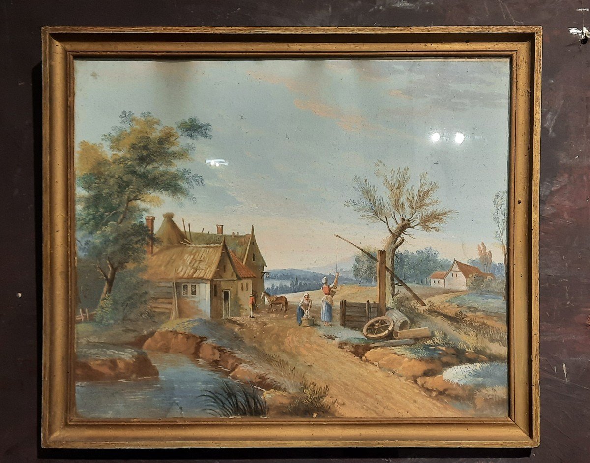 Gouache "peasant Scene" From The Late 18th Century 