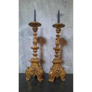 Pair Of 18th Century Italian Gilt Carved Wood Candlesticks 