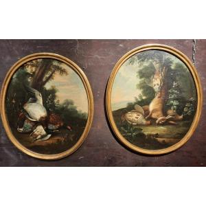 Pair Of Paintings "still Life With Pheasant And Hare"