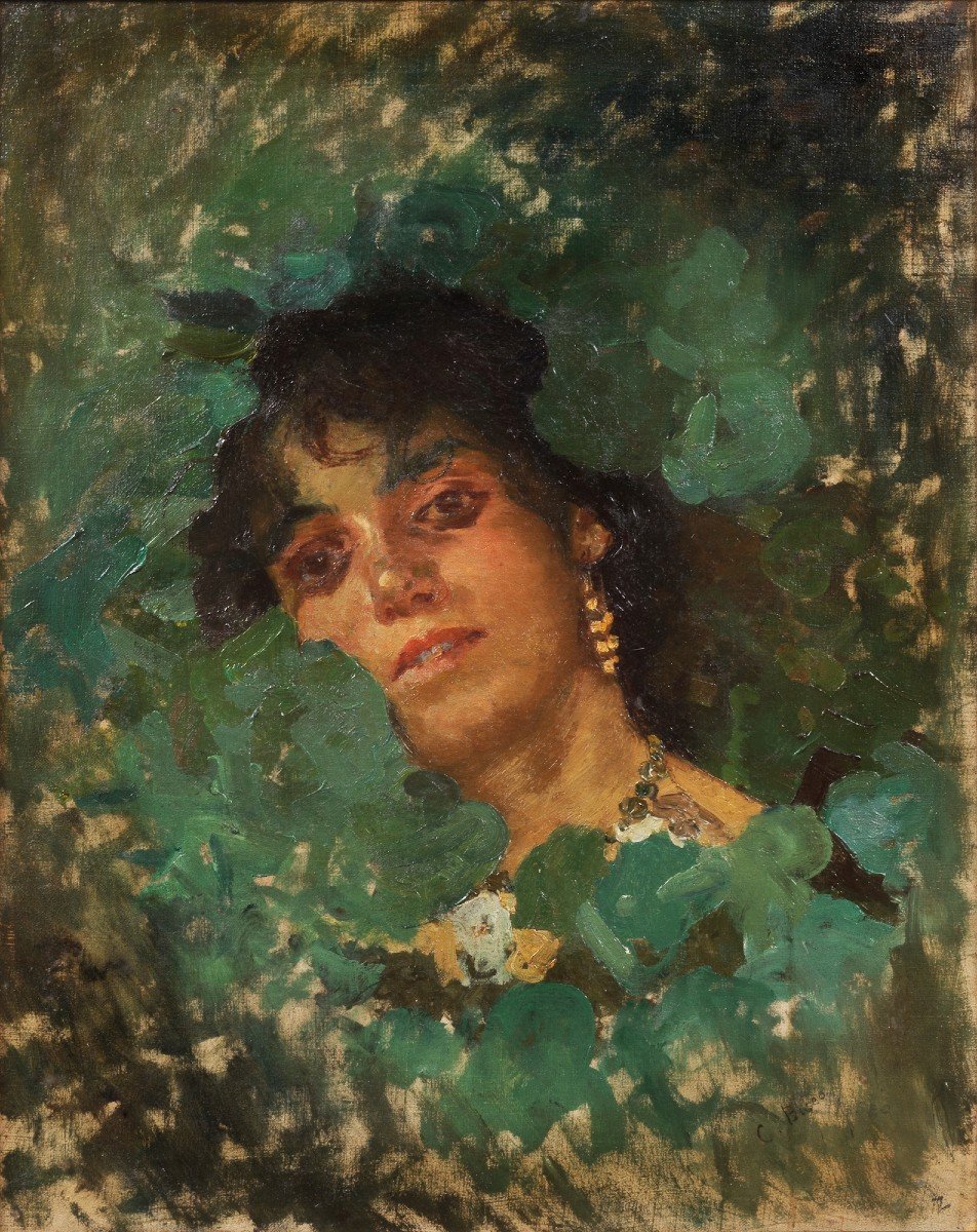 Cesare Biseo - Tête De Jeune Femme Dans La Végétation 