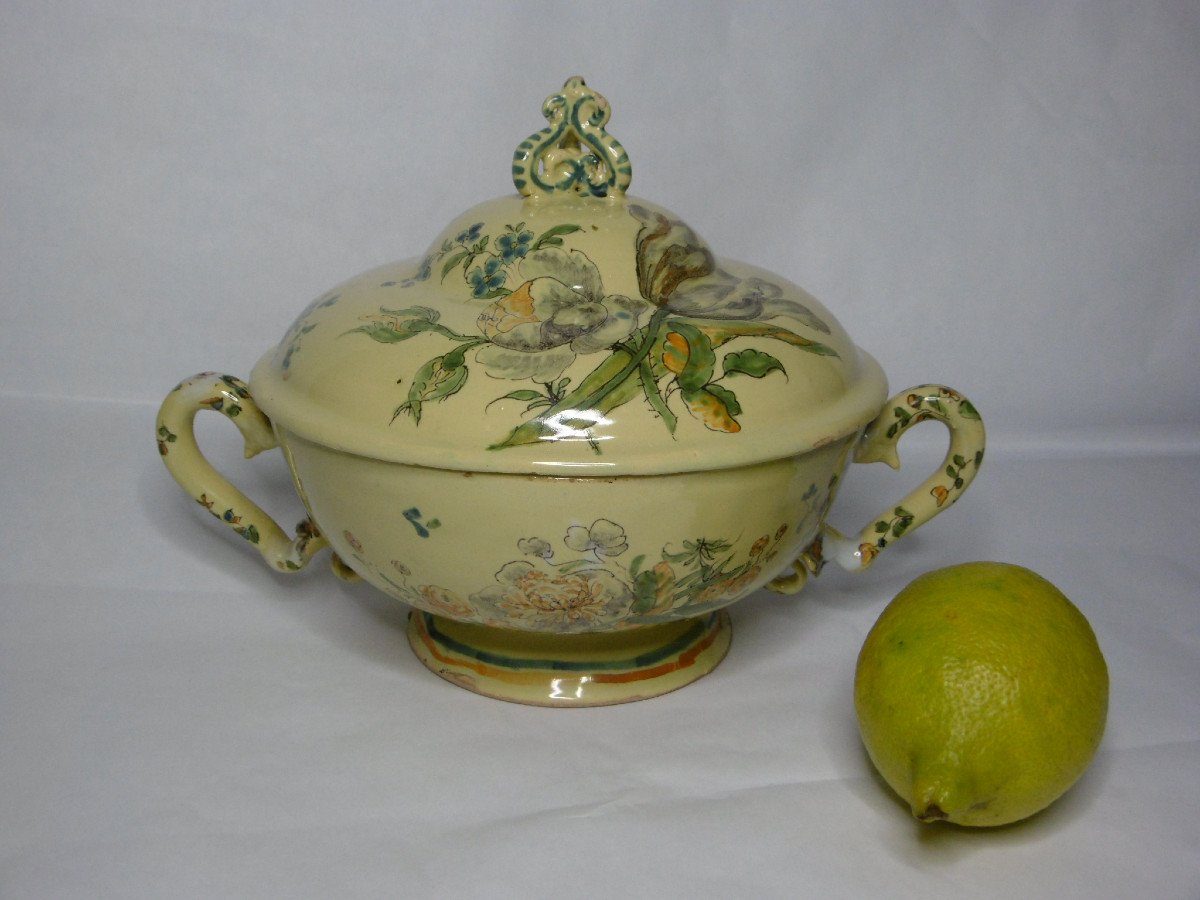 Faience From Nevers Rare Bouillon With Yellow Background From The 18th Century-photo-4