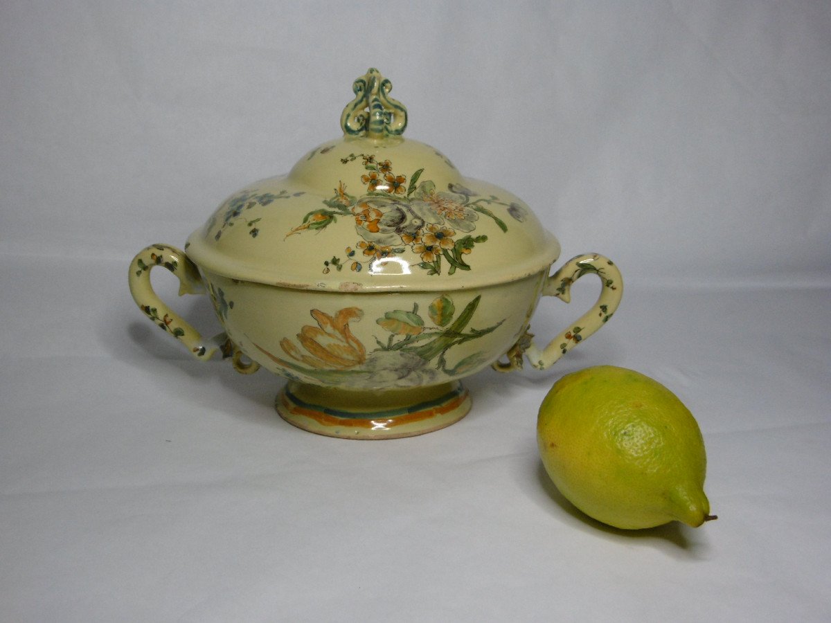 Faience From Nevers Rare Bouillon With Yellow Background From The 18th Century