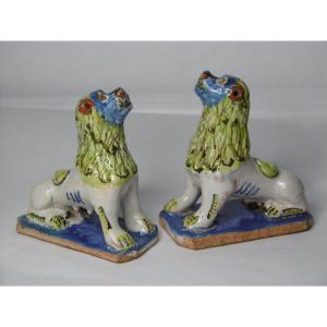 Pair Of Lions In Rouen Earthenware Period Dates 1777, Marks, XVIIIth Period