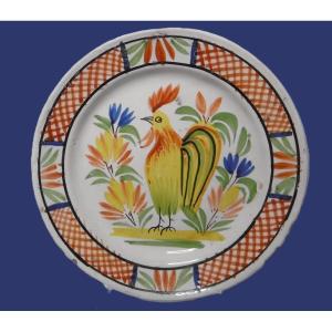 Quimper Faience Plate With Rooster From The End Of The 18th Century