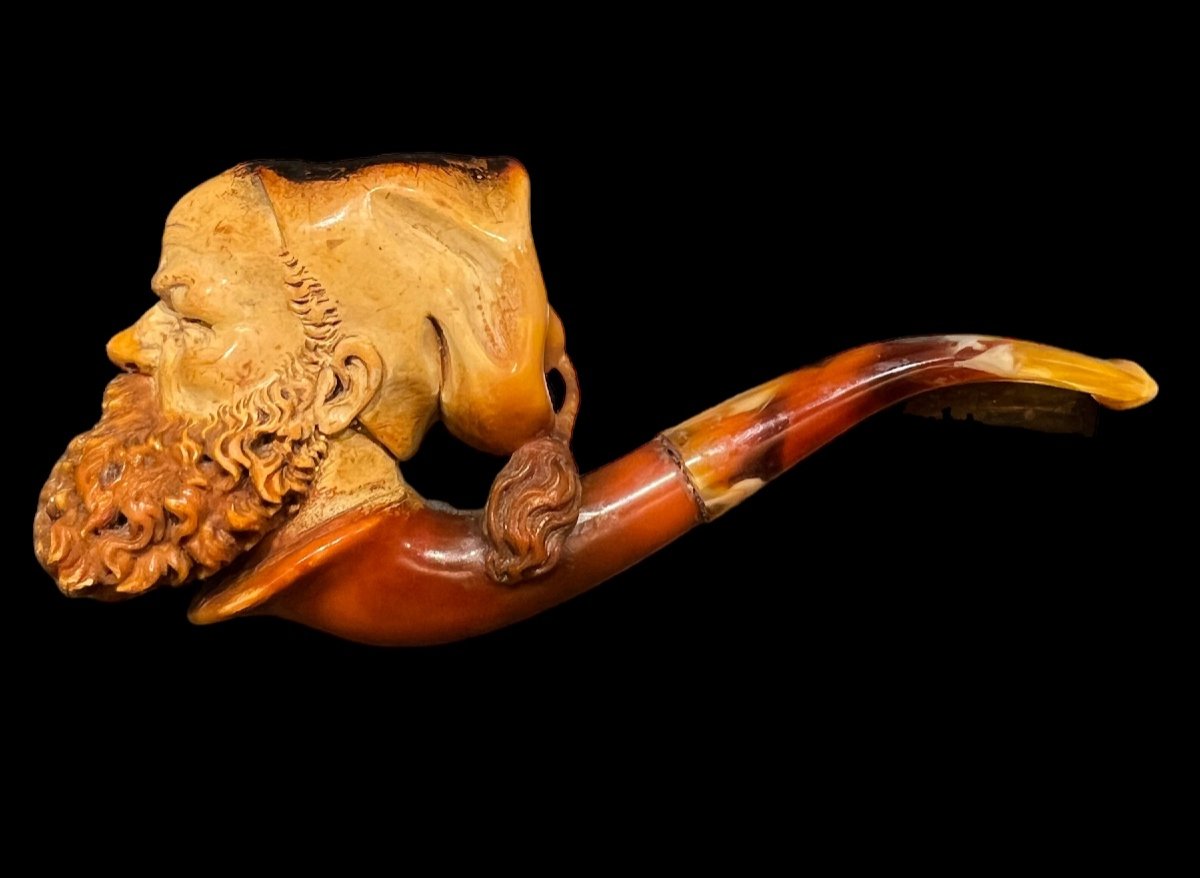 Beautiful Meerschaum Pipe Representing A Man With Beard - With Original Box - 19th Century