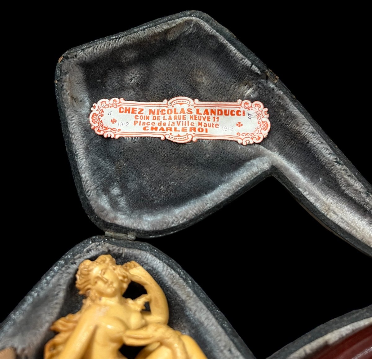 Meerschaum Tobacco Pipe With Amber And Case 'woman With Swan' - Belgium - Early 20th Century-photo-1