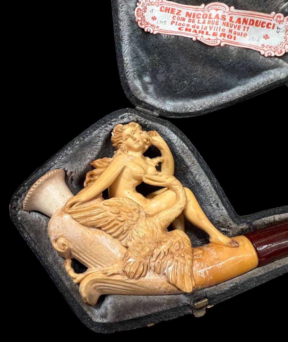 Meerschaum Tobacco Pipe With Amber And Case 'woman With Swan' - Belgium - Early 20th Century-photo-2