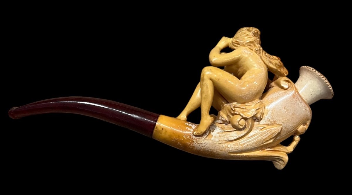 Meerschaum Tobacco Pipe With Amber And Case 'woman With Swan' - Belgium - Early 20th Century-photo-3