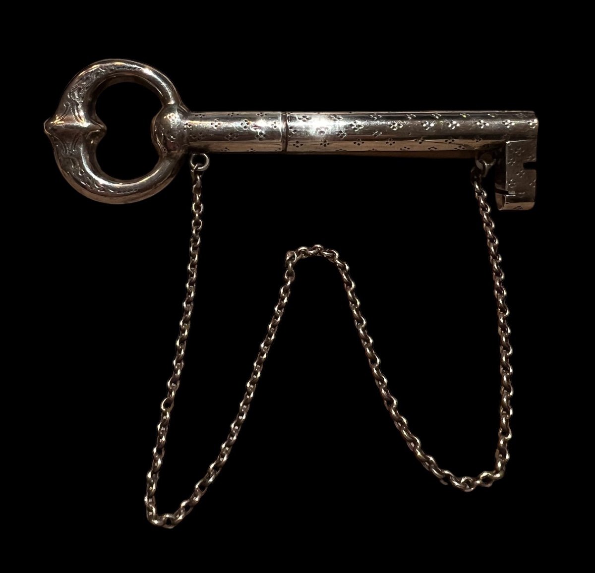 Silver Key Shaped Needle Case With Chain - Marked - Late 19th Century