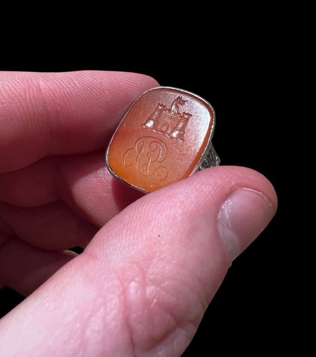 Signet Ring/seal Ring In Silver And Carnelian - European - 18-19th Century-photo-1