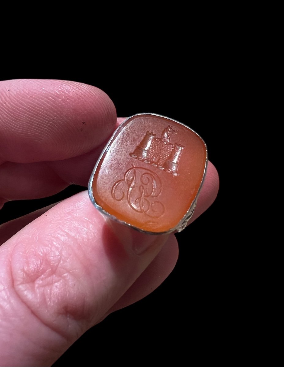 Signet Ring/seal Ring In Silver And Carnelian - European - 18-19th Century-photo-3