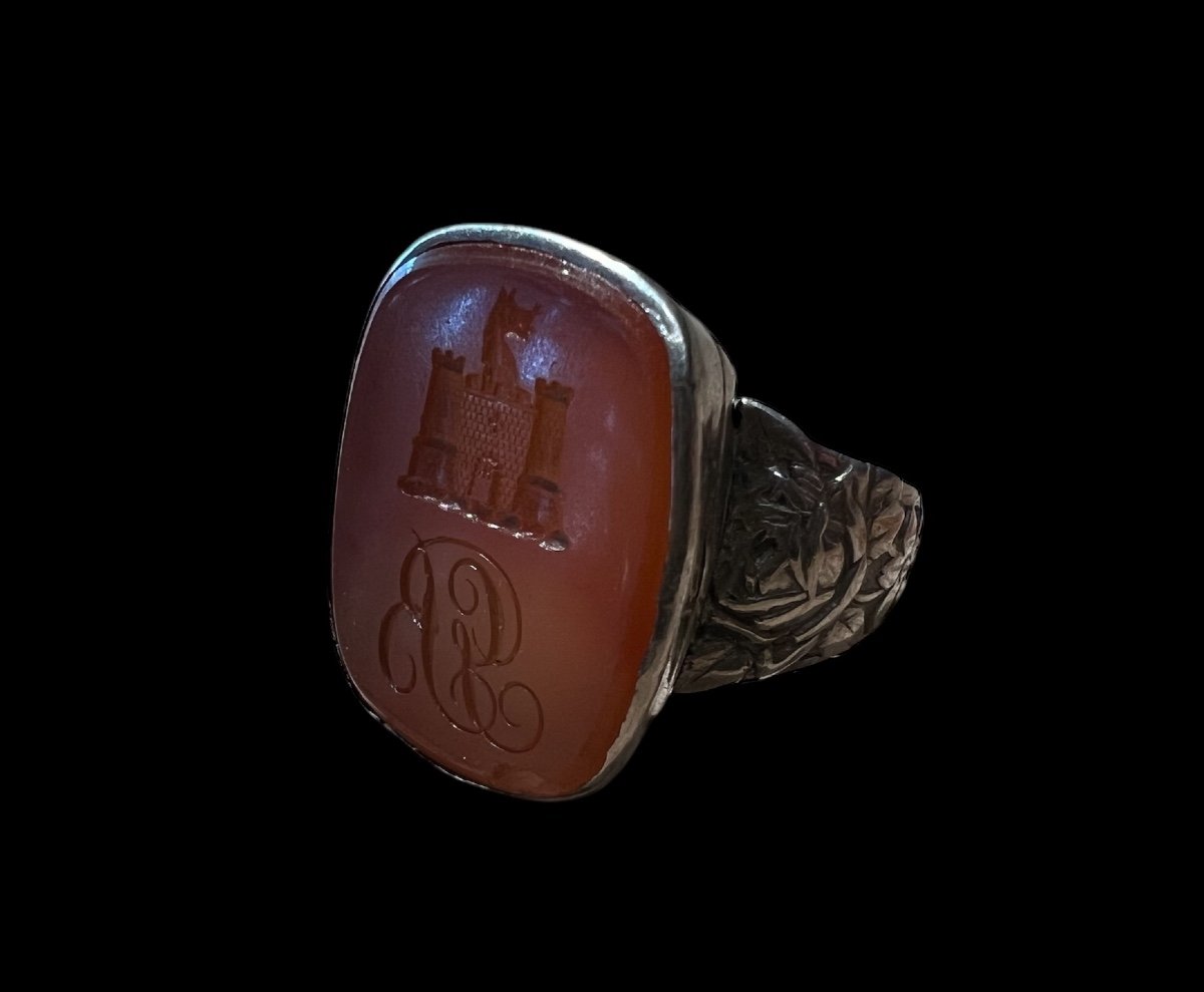 Signet Ring/seal Ring In Silver And Carnelian - European - 18-19th Century-photo-4