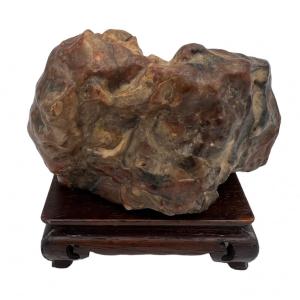 Rare Chinese Stone 'dreamstone' On Wooden Support - 19th Century