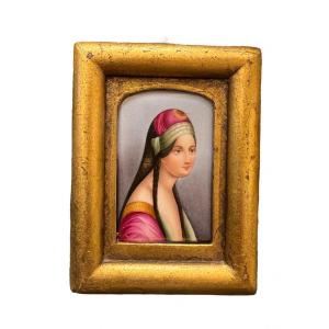 Small Miniature Of Woman Painted On Porcelain - European - Early 19th Century