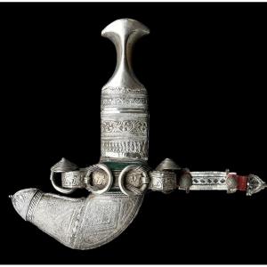 'jambya/janbiya' Dagger In Sterling Silver With Horn Handle - Yemen - Late 19th, Early 20th 