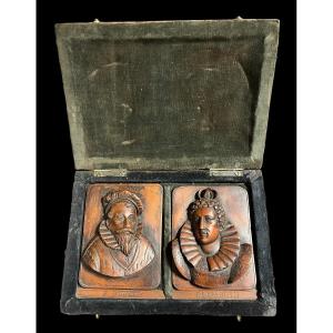 Boîte Avec Deux Portraits Sculptés En Relief Dans Buis - Anglais - 18e Siècle/ 19e Siècle ?