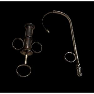 Urological Medical Catheter And Syringe In Sterling Silver - European - 19th Century