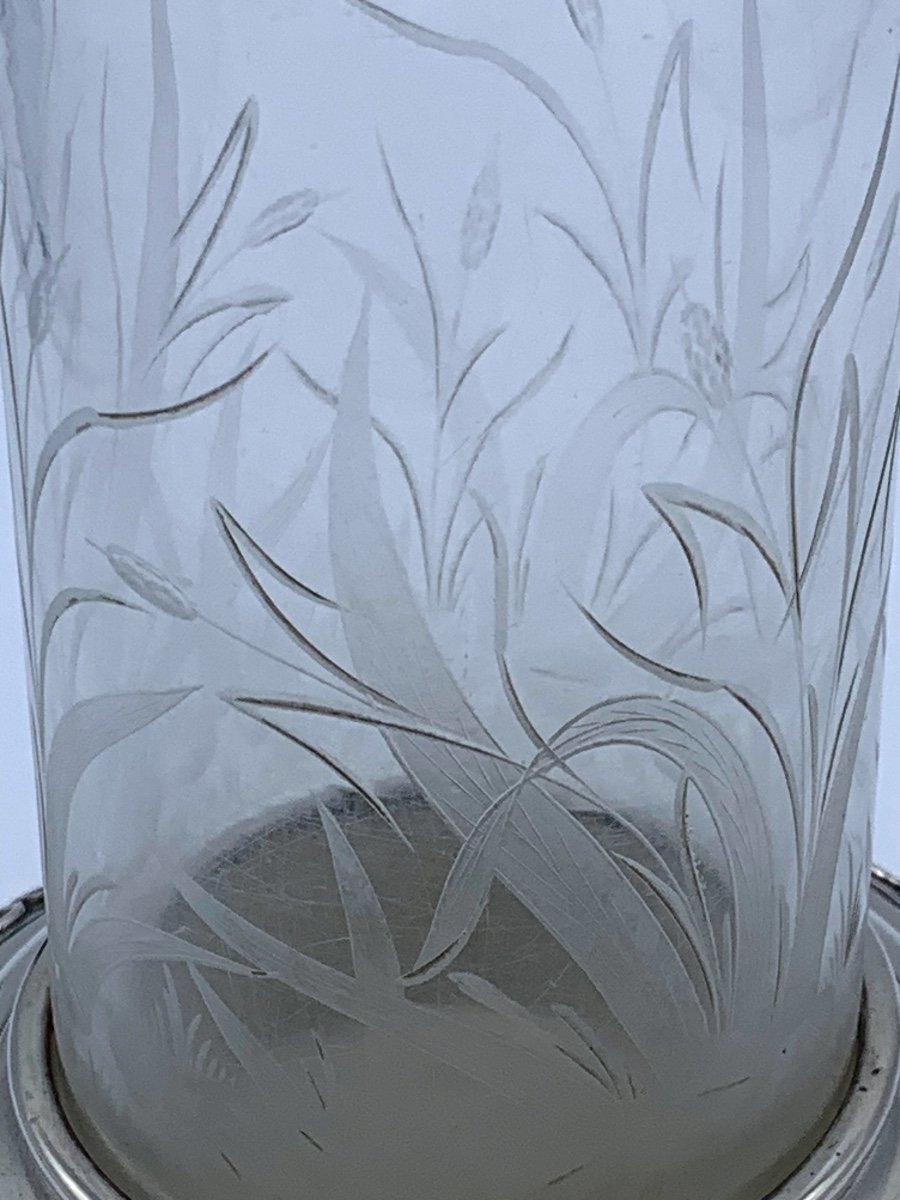 Vase En Cristal Gravé Et Monture En Bronze Argenté , D’époque Art Nouveau -photo-3