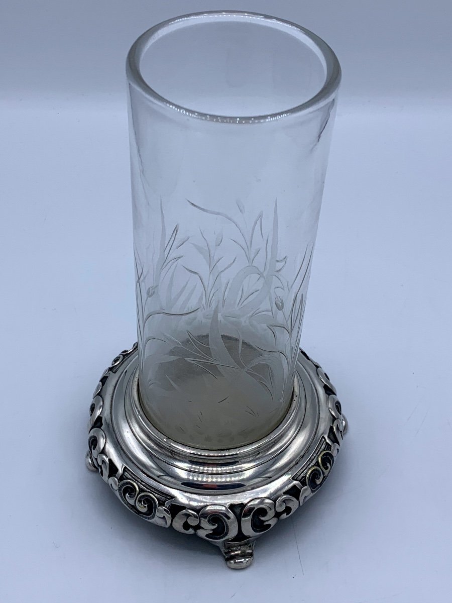 Vase En Cristal Gravé Et Monture En Bronze Argenté , D’époque Art Nouveau -photo-4