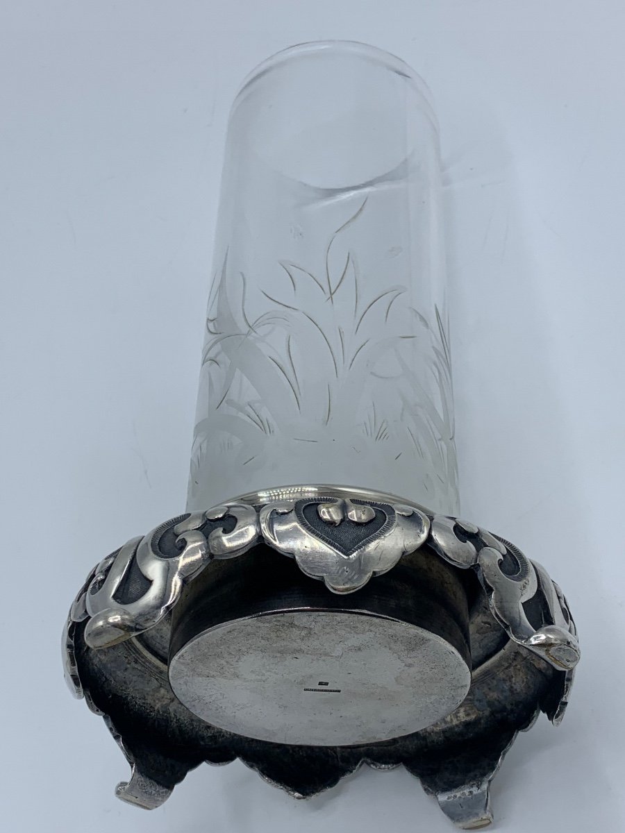 Vase En Cristal Gravé Et Monture En Bronze Argenté , D’époque Art Nouveau -photo-2