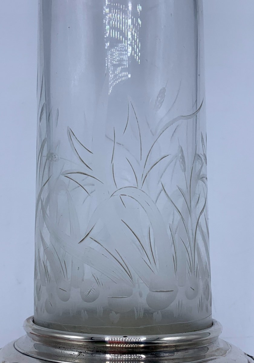 Vase En Cristal Gravé Et Monture En Bronze Argenté , D’époque Art Nouveau -photo-3