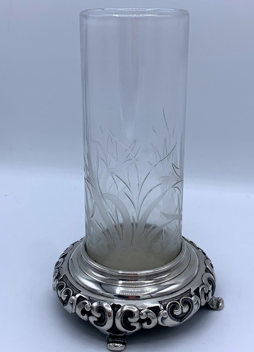 Vase En Cristal Gravé Et Monture En Bronze Argenté , D’époque Art Nouveau -photo-4