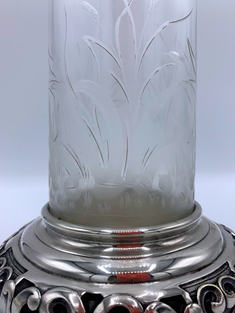 Vase En Cristal Gravé Et Monture En Bronze Argenté , D’époque Art Nouveau -photo-7