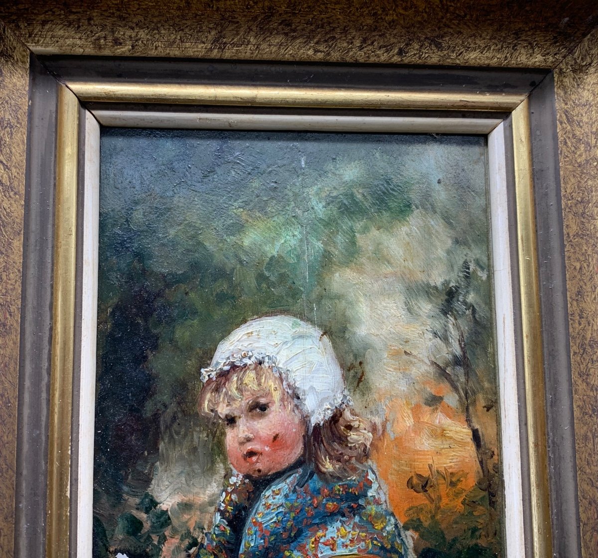 Tableau Petite Fille Au Panier , Huile Sur Bois , L. Hameau ,-photo-2