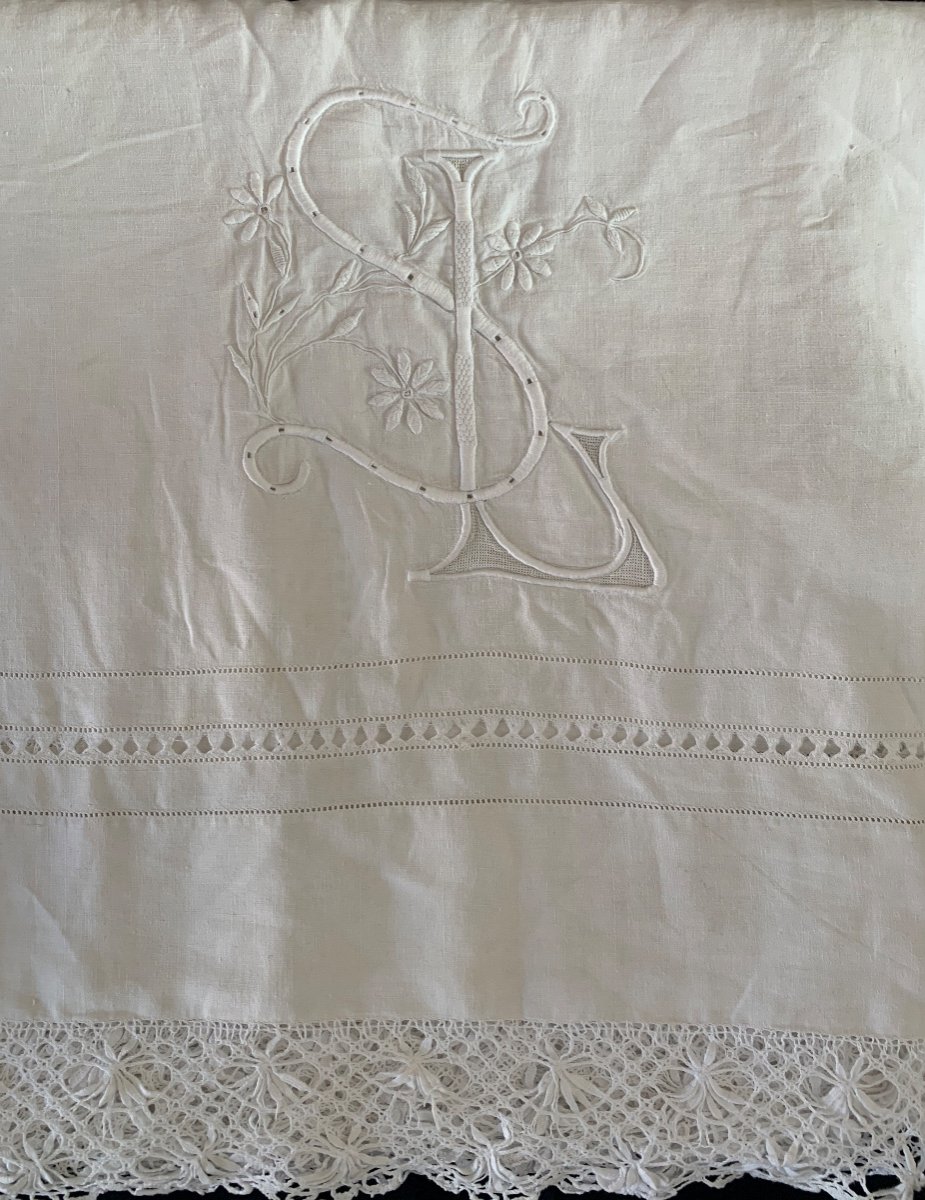 Drap Ancien Fil De Lin Belle Broderie 