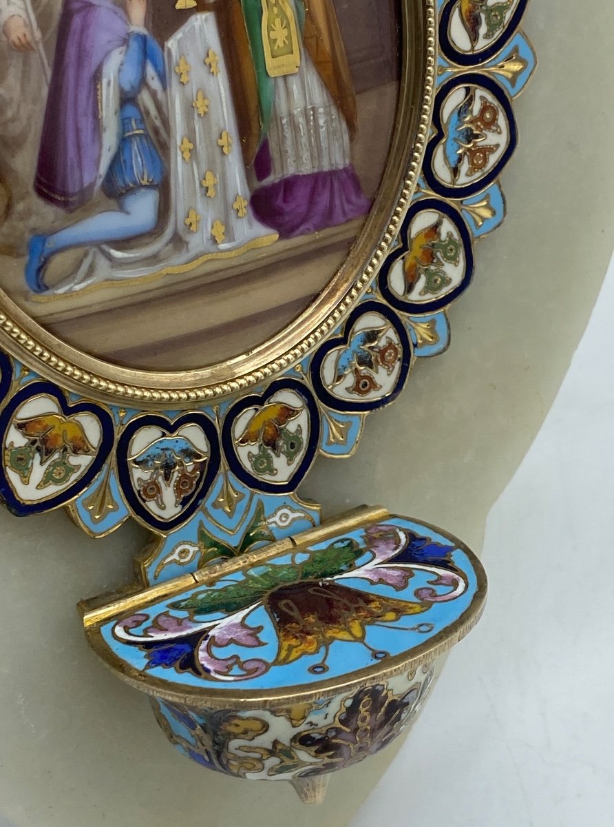 Bénitier En émaux Cloisonnés , médaillon porcelaine -photo-4