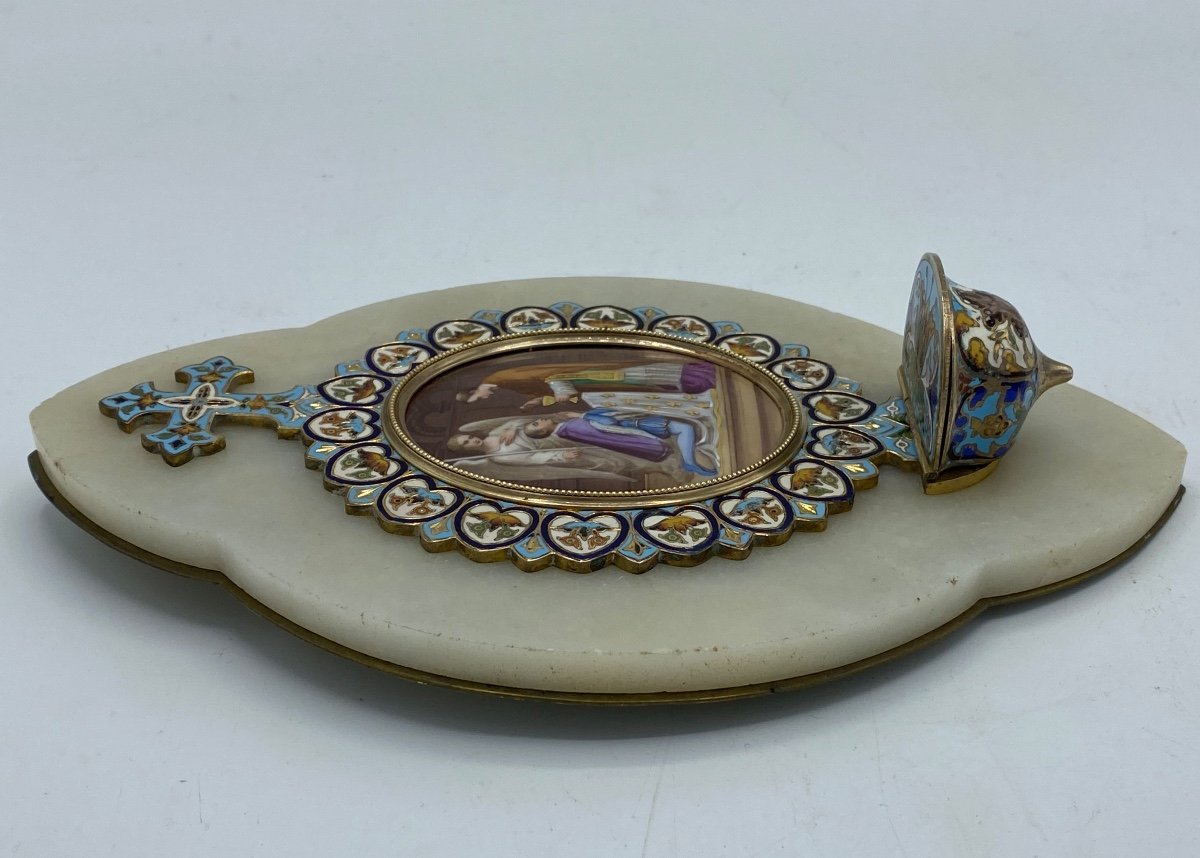 Bénitier En émaux Cloisonnés , médaillon porcelaine -photo-1