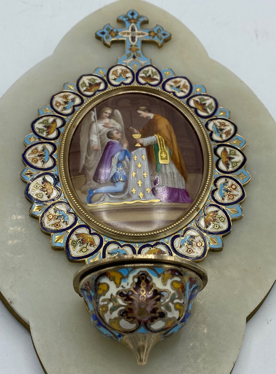 Bénitier En émaux Cloisonnés , médaillon porcelaine -photo-4