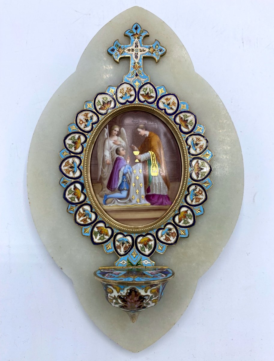 Bénitier En émaux Cloisonnés , médaillon porcelaine 