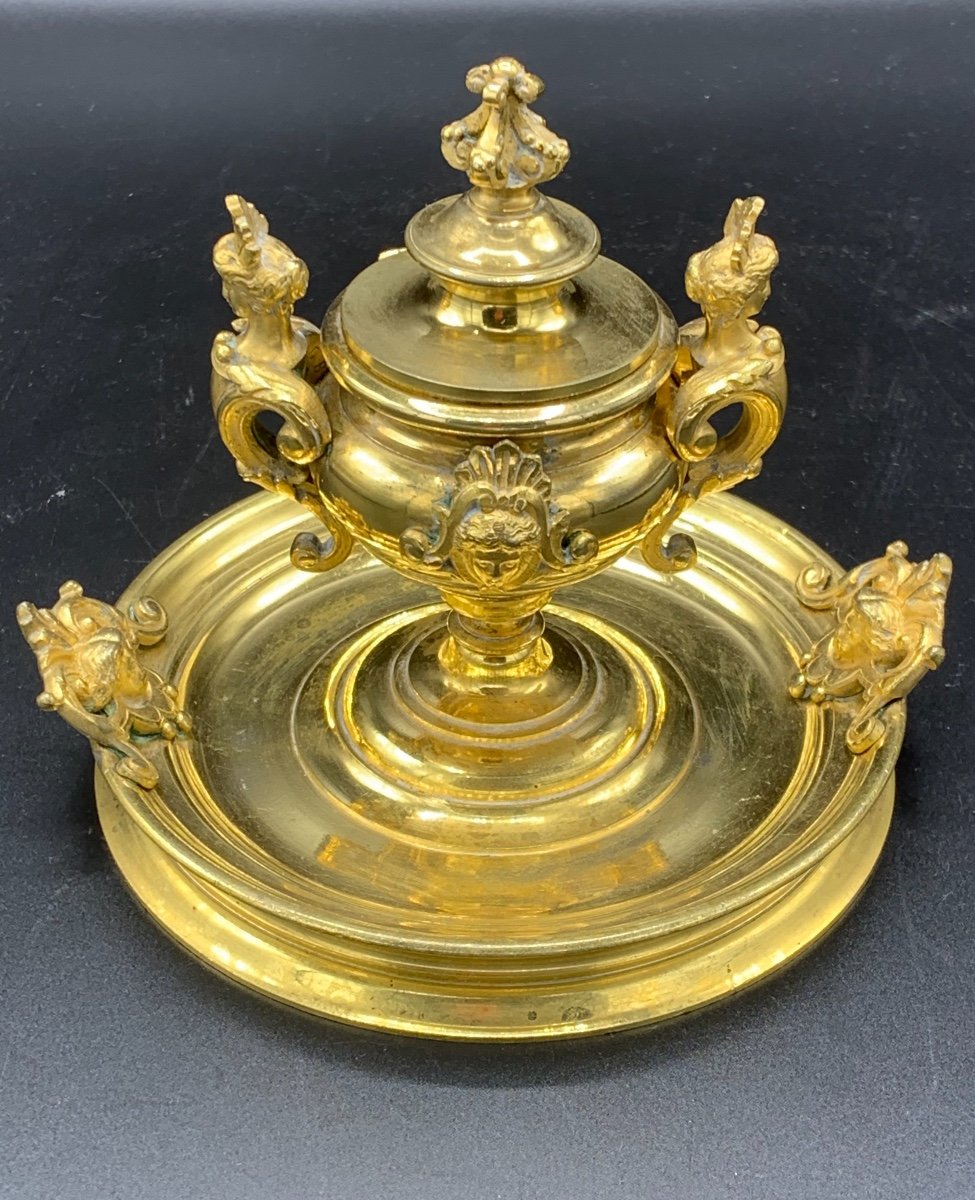 Inkwell In Gilt Bronze Signed Alphonse Giroux, Paris, 19th-photo-6