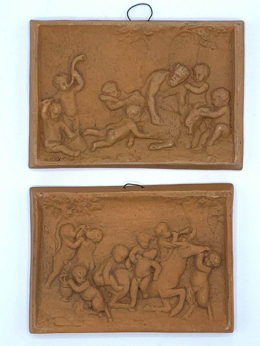 Paire de plaques , bas relief en terre  cuite  , Putti , Fin 19eme -photo-3