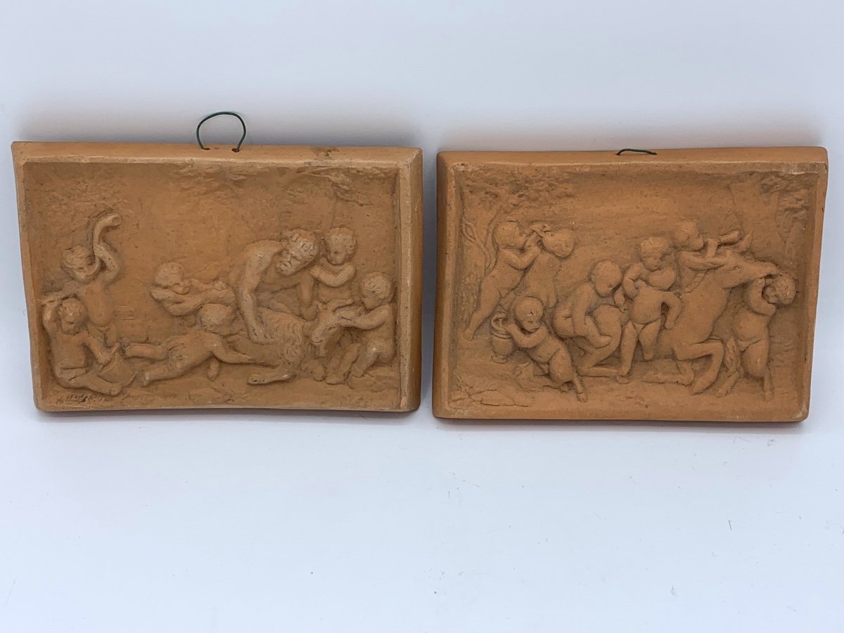 Paire de plaques , bas relief en terre  cuite  , Putti , Fin 19eme -photo-4