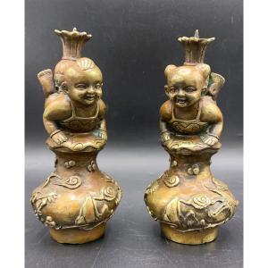 Bronzes Asiatique Anciens , Porte  Bougies, Fin 19eme 