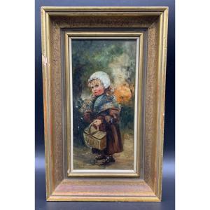 Tableau Petite Fille Au Panier , Huile Sur Bois , L. Hameau ,