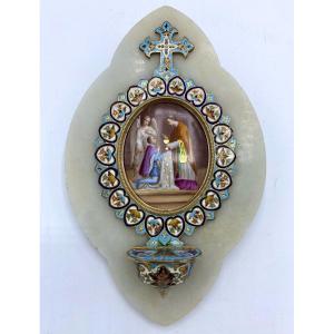 Holy Water Font In Cloisonné Enamel, Porcelain Medallion 