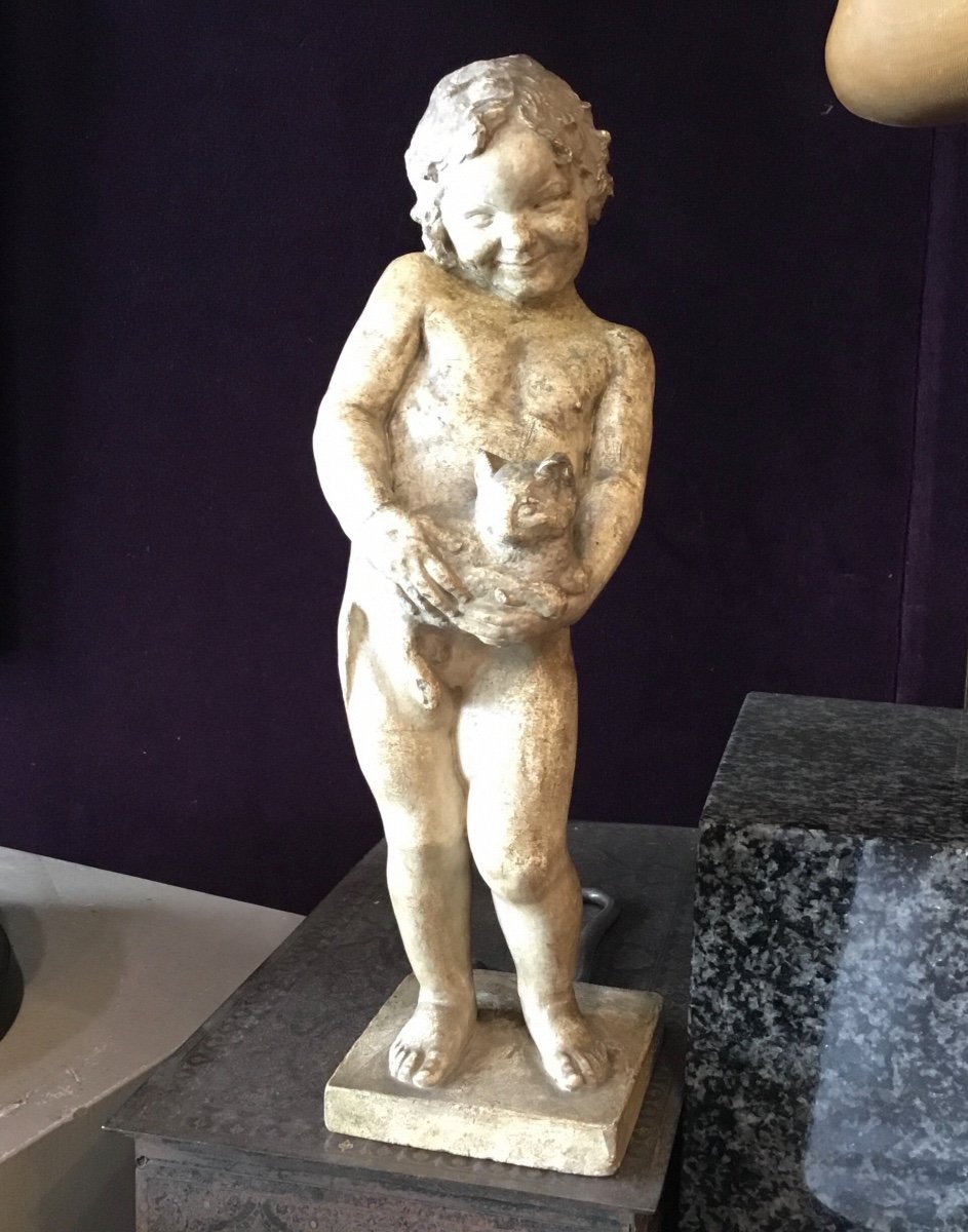 C. Cassou - Plaster Sculpture Little Girl With Cat-photo-2